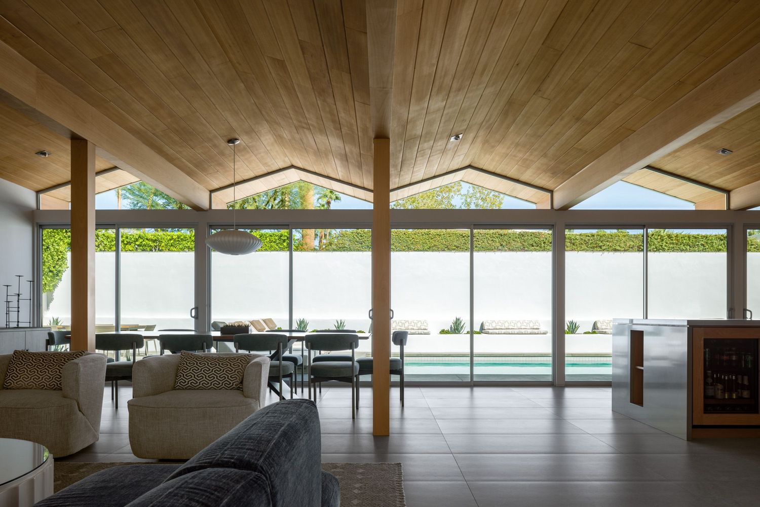 interior view showcasing roof of renovated William Krisel folded roof home