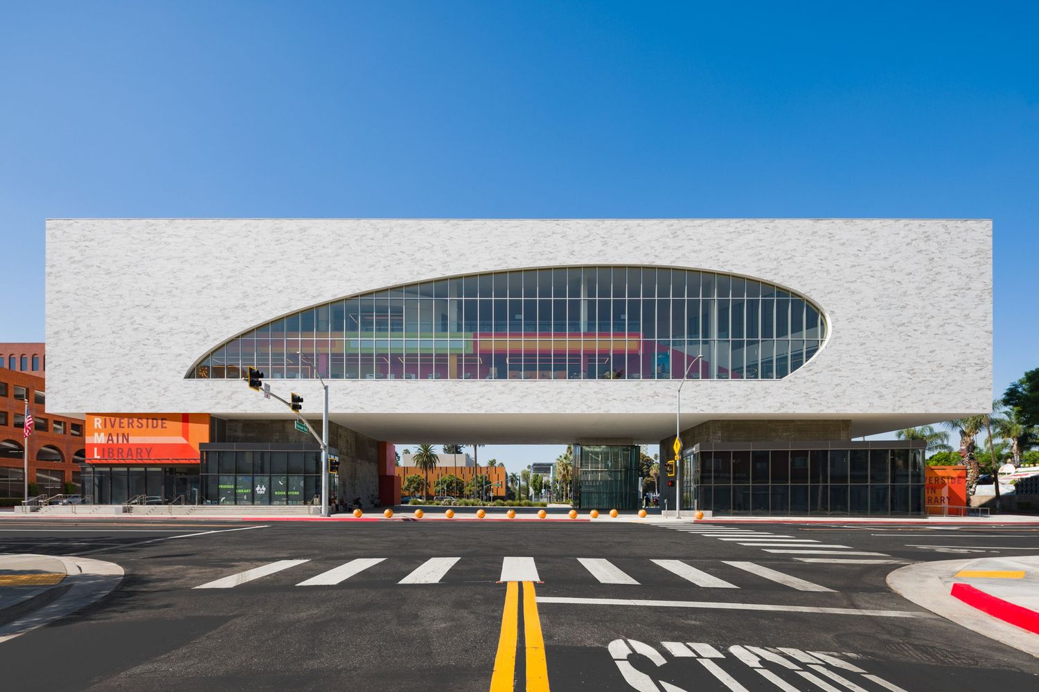 Daytime front elevation view of the Riverside Main Library, in Riverside, CA