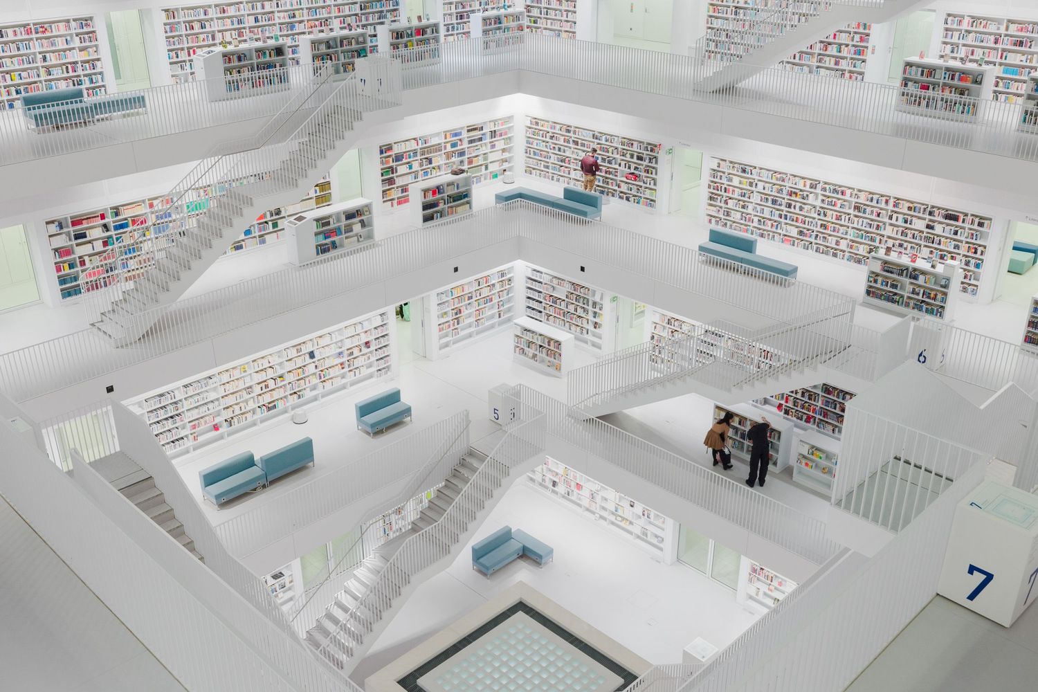 Angled wide angle corner interior view of Stadtbibliothek-Stuttgart library in Germany, Yi Architects
