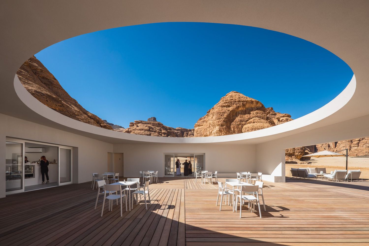 Wide perspective showing full oculus opening of the Desert X 2020 AlUla visitor center