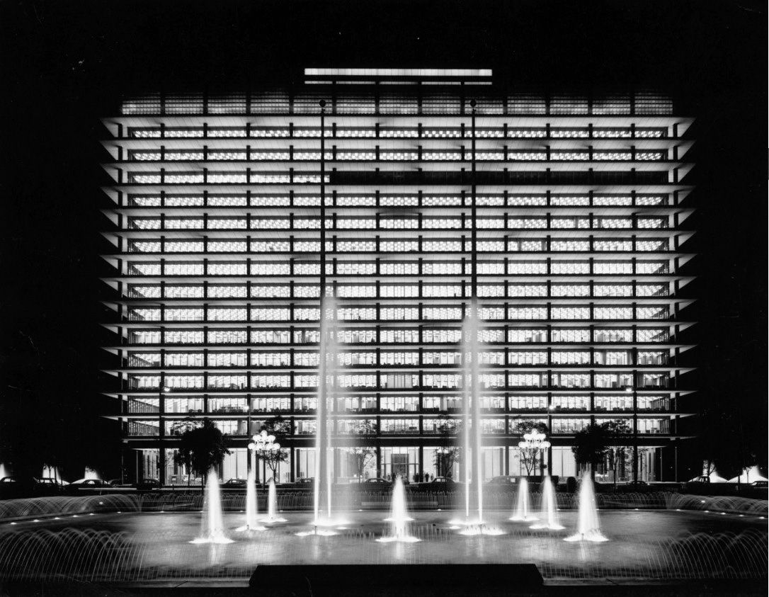 Julius Shulman photograph of the Department of Water and Power Building at night in Los Angeles