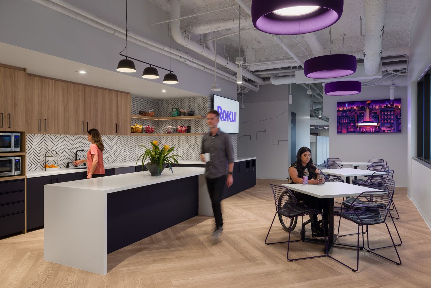 The kitchen break area of the Roku Santa Monica office designed by Switzer Group