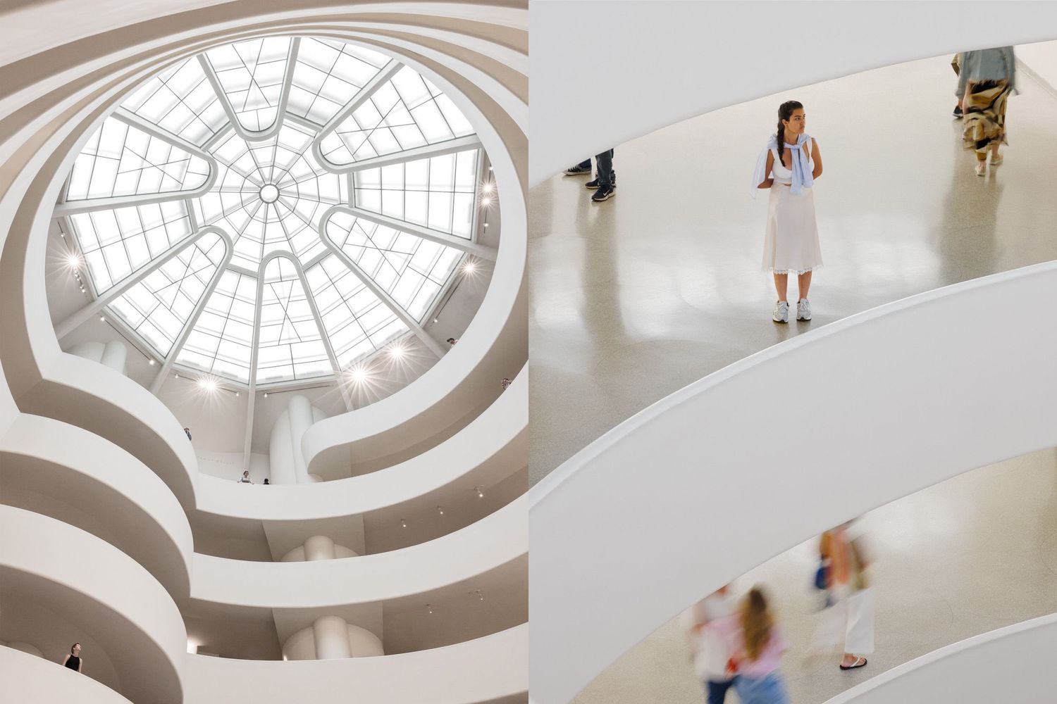 A diptych of photos from the Guggenheim by Frank Lloyd Wright in New York City. Looking up through the spiral and a woman observing.