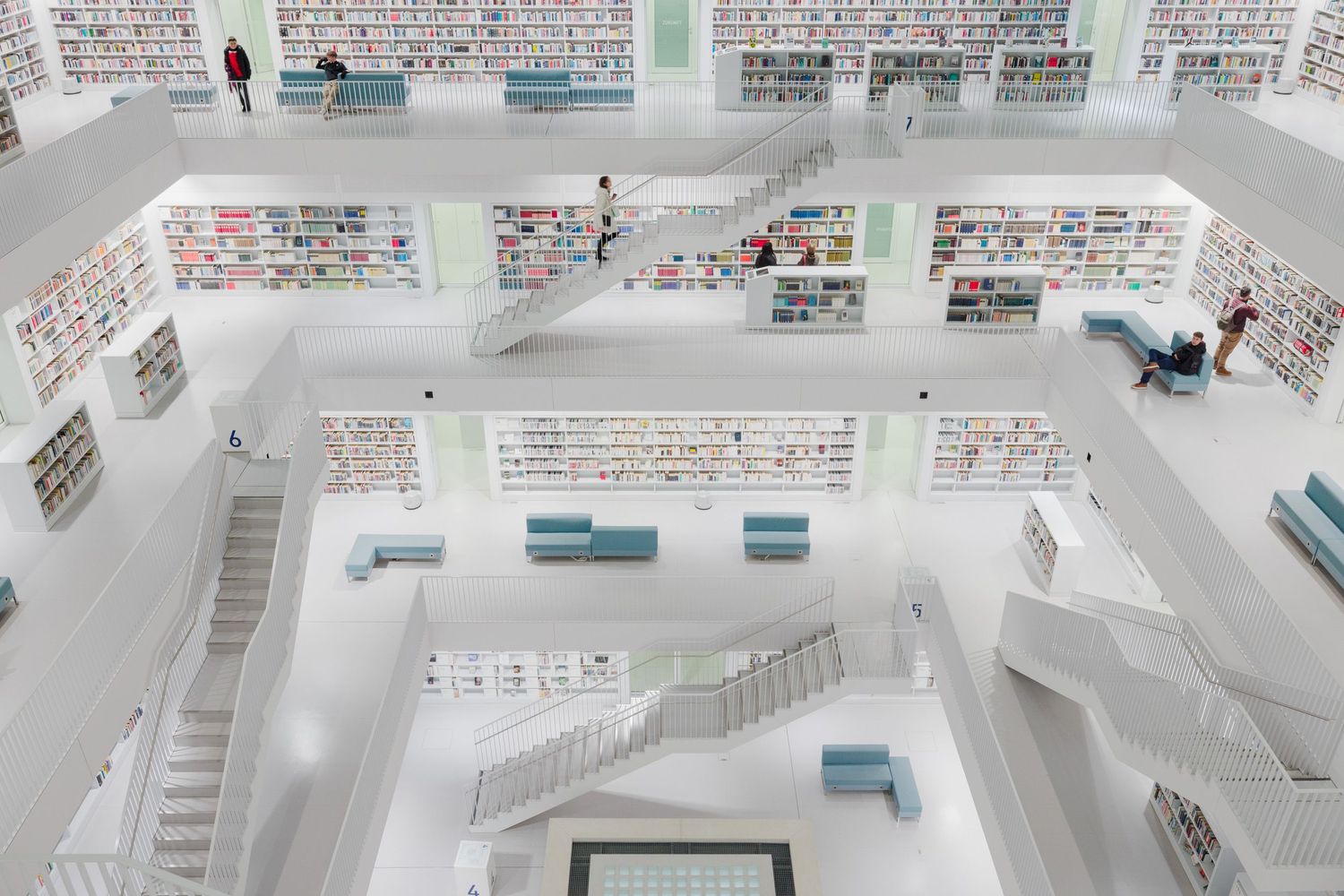 Tilted wide angle interior view of Stadtbibliothek-Stuttgart library in Germany, Yi Architects