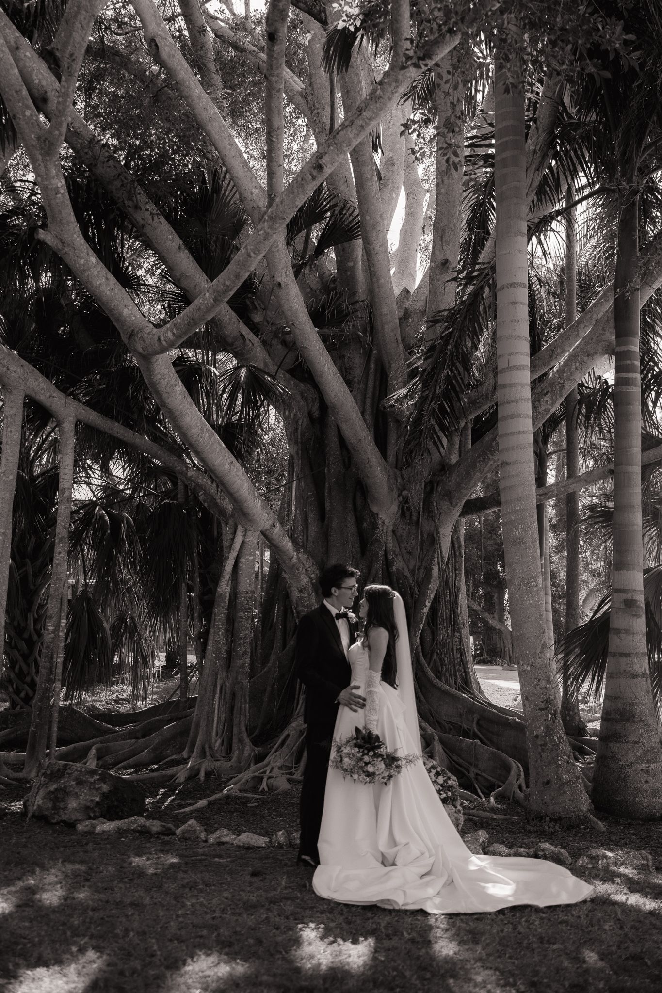 Bride and groom share a romantic kiss beneath sprawling banyan trees in a lush tropical garden, black and white wedding photo.