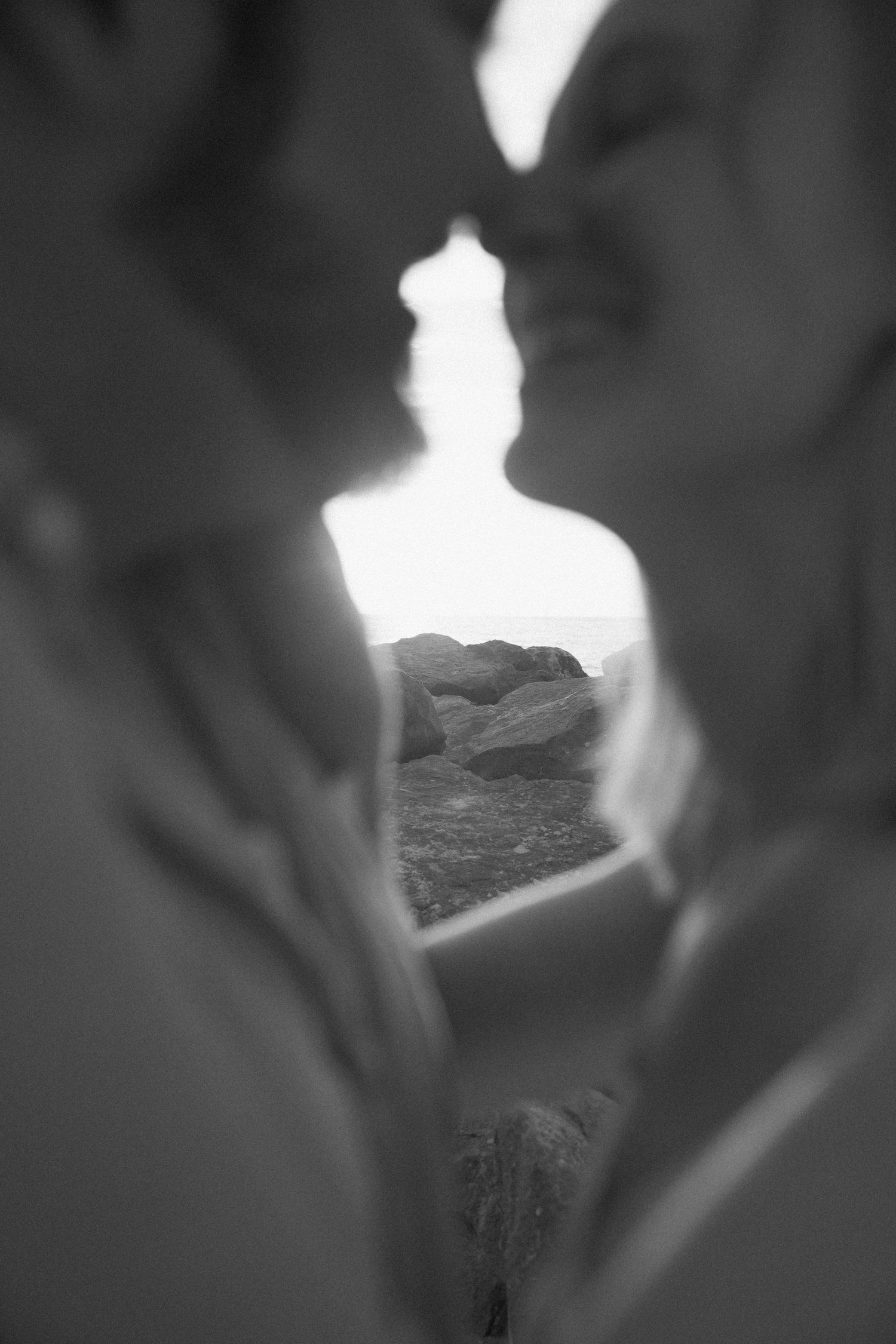 Black and white close-up of couple about to kiss with rocky beach visible between them.