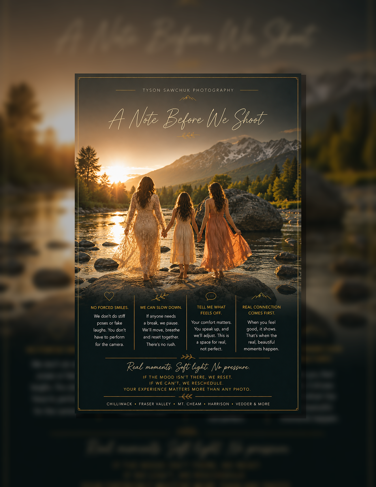 Photography studio promotional flyer featuring three women holding hands at sunset by a mountain river.