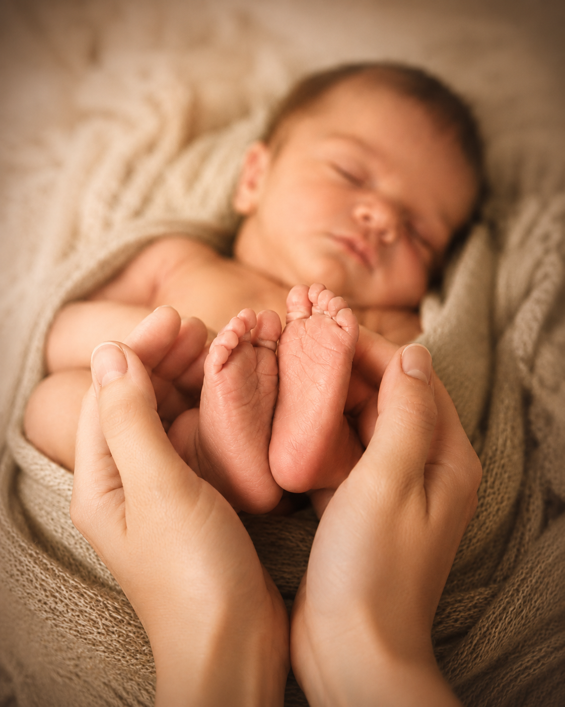 Newborn baby sleeping peacefully while parent gently cradles tiny feet in soft warm hands.