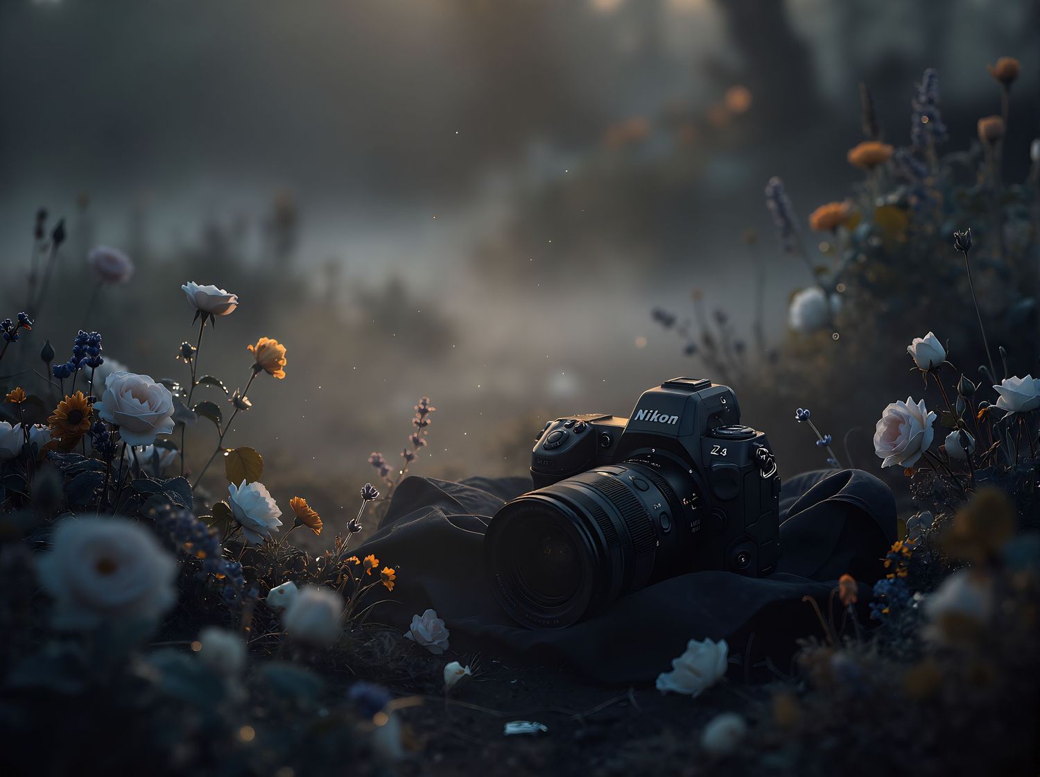 DSLR camera resting among wildflowers in a misty dark forest at dawn with soft moody lighting.
