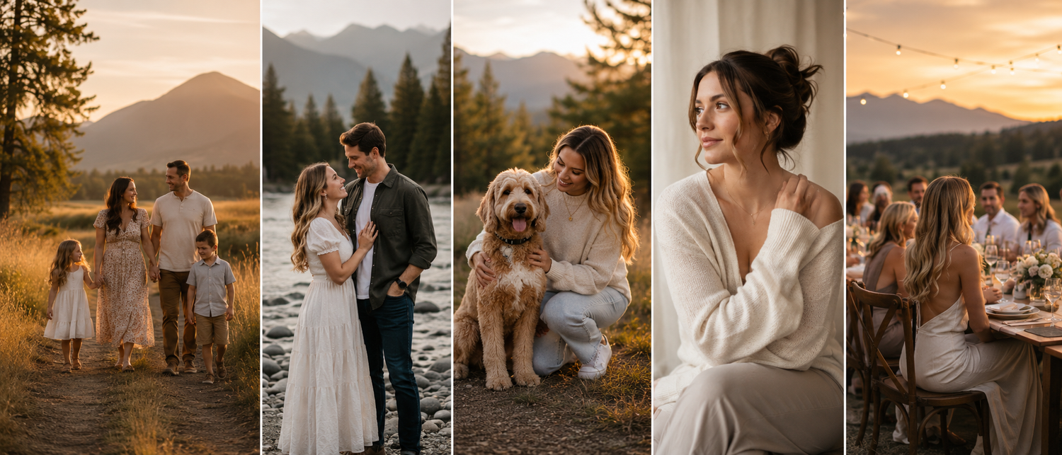 Warm outdoor photography collage showing family, couples, pet, portrait, and wedding sessions for Chilliwack and Fraser Valley photography p