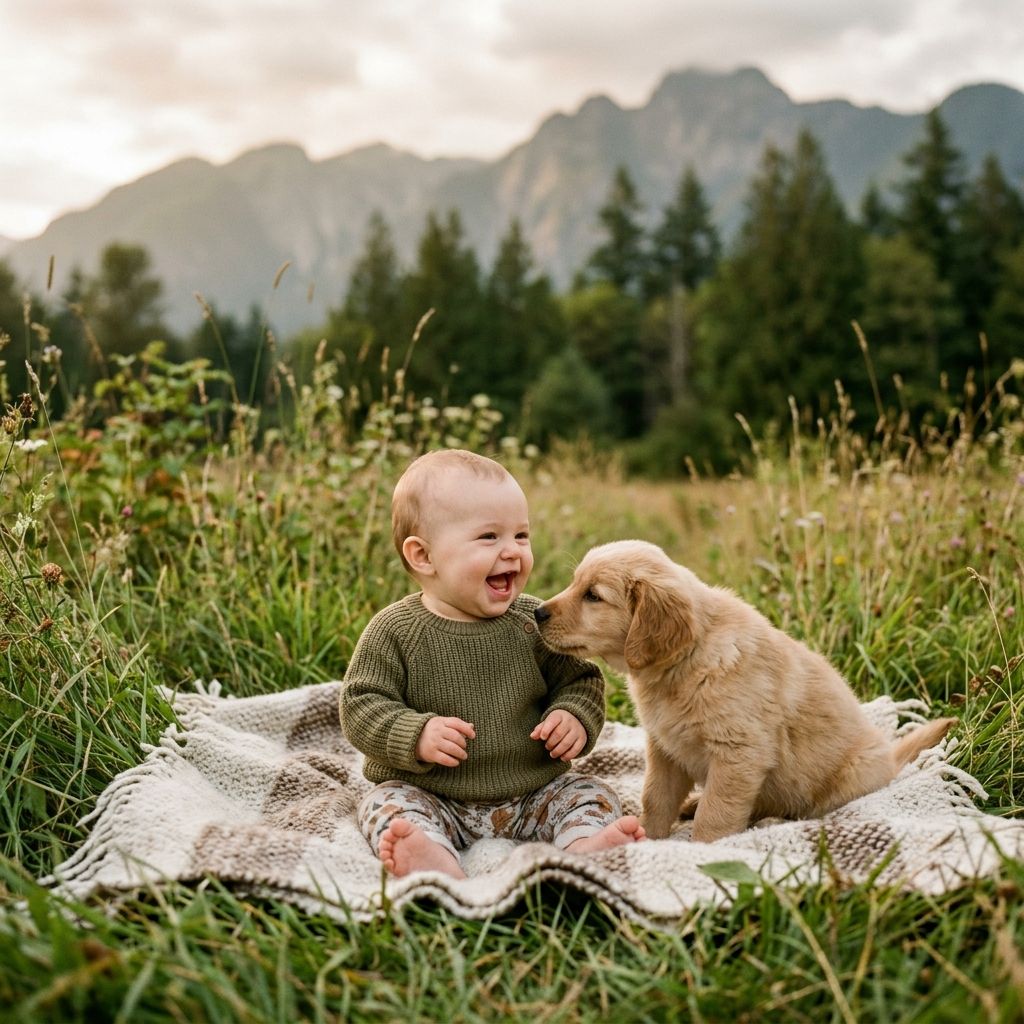 A laughing baby and golden retriever puppy sit together on a blanket in a mountain meadow. Tyson Sawchuk Photography in the Fraser Valley.