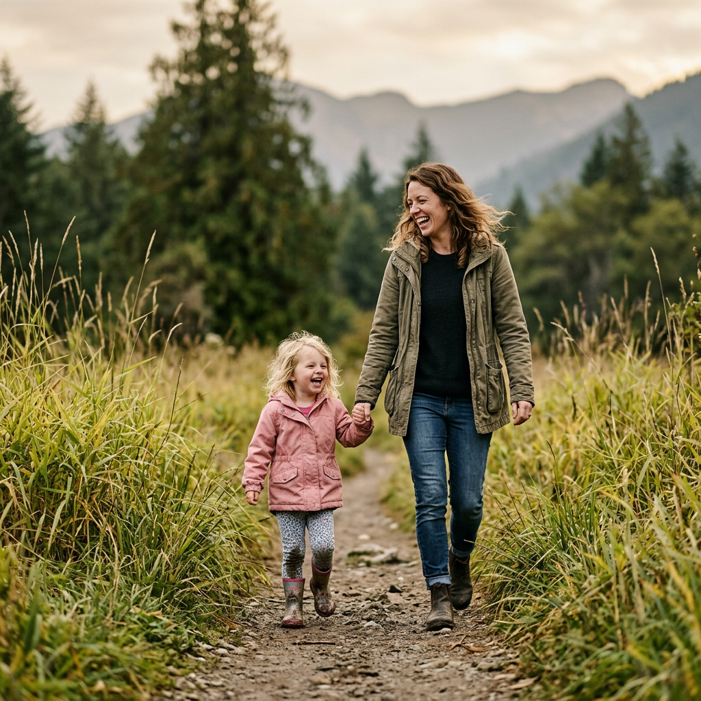 A mother and young daughter walk together on a mountain meadow path in autumn. Tyson Sawchuk Photography in the Fraser Valley.