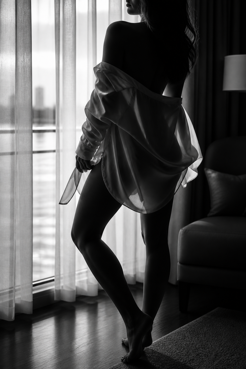 Artistic black and white silhouette of woman in oversized shirt standing by hotel window.