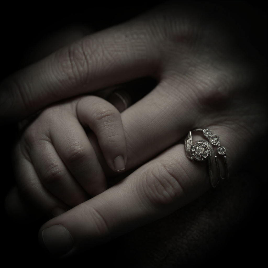 Dark moody close-up of newborn baby's tiny hand holding parent's finger with diamond ring.  Tyson Sawchuk Photography in the Fraser Valley.