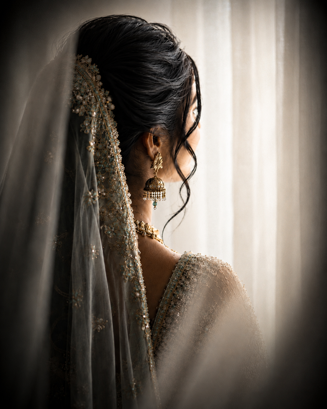 South Asian bride in elegant updo with gold jhumka earrings and embellished veil, photographed from behind near sheer curtains.