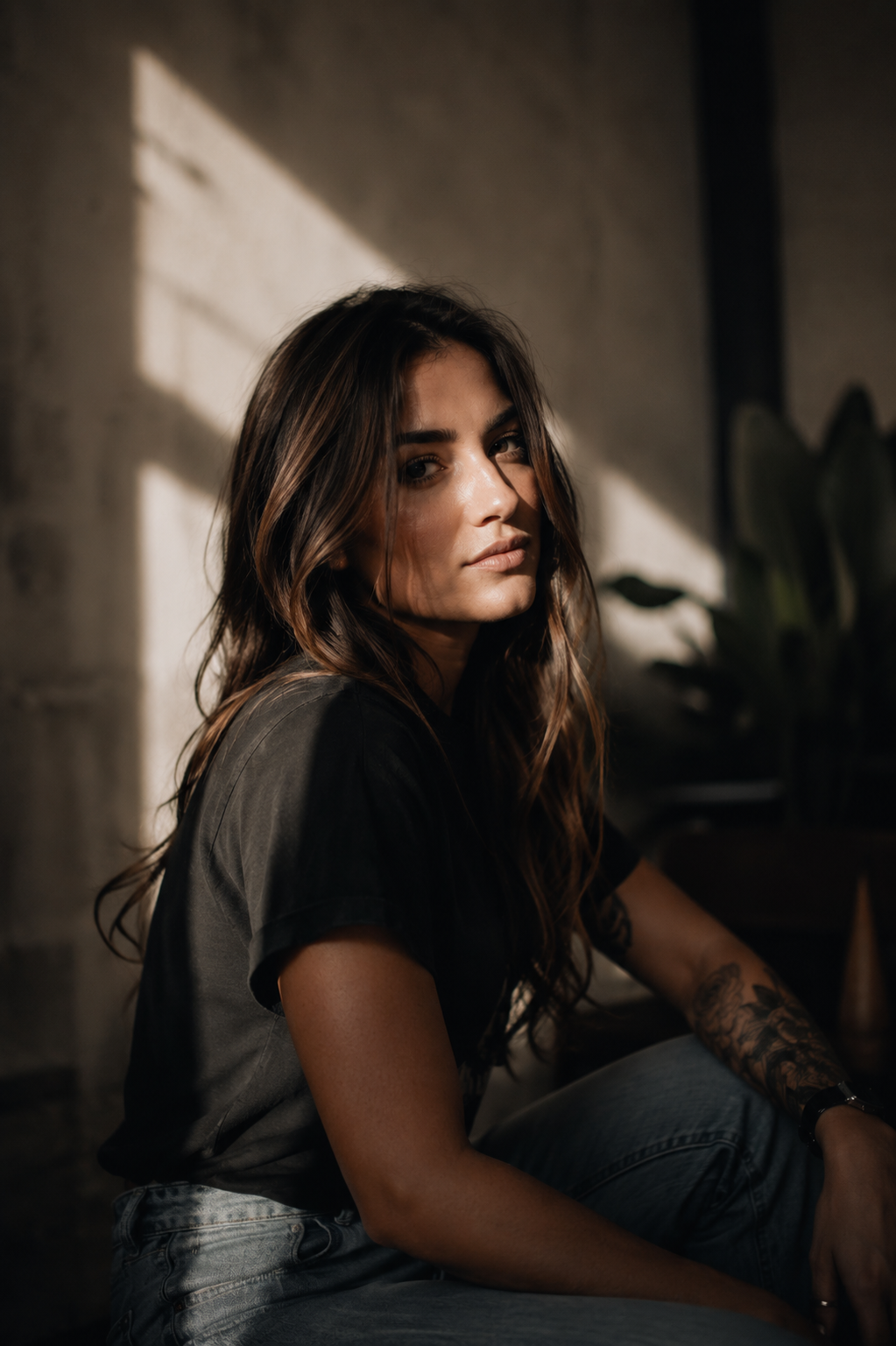 A woman with long dark hair and a tattoo sits in dramatic window light indoors.