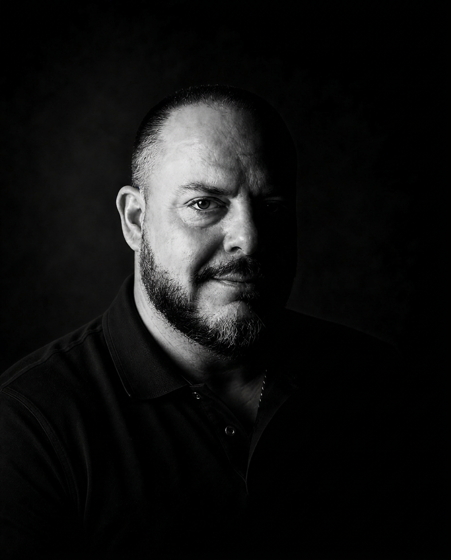 High contrast black and white portrait of bearded man against dark background by Tyson Sawchuk.