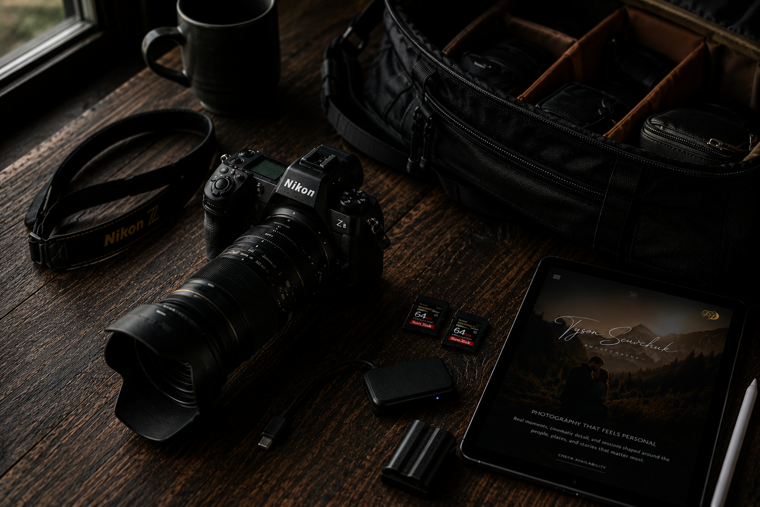 Professional Nikon camera gear, memory cards, and camera bag prepared for a photography session by Tyson Sawchuk Photography.
