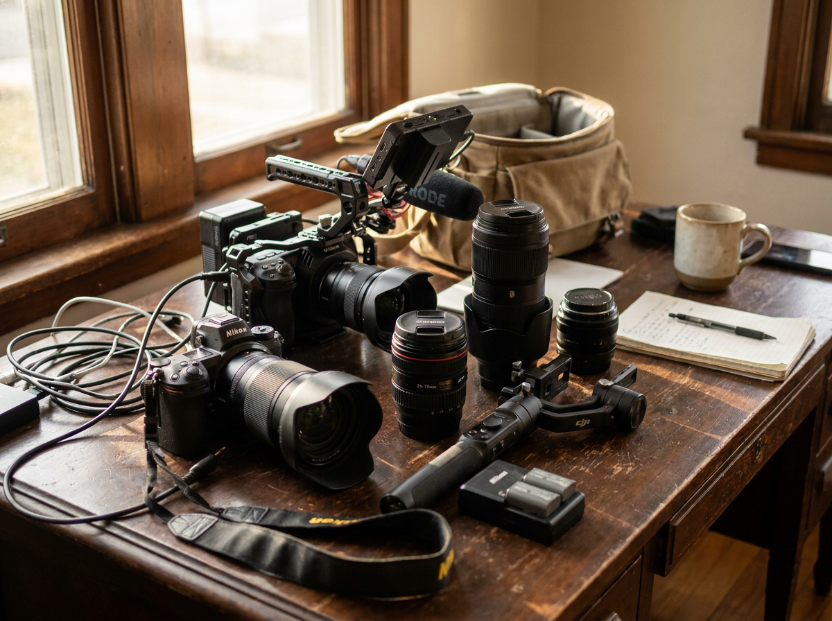 Professional camera gear including lenses and DSLR cameras arranged on rustic wooden desk.