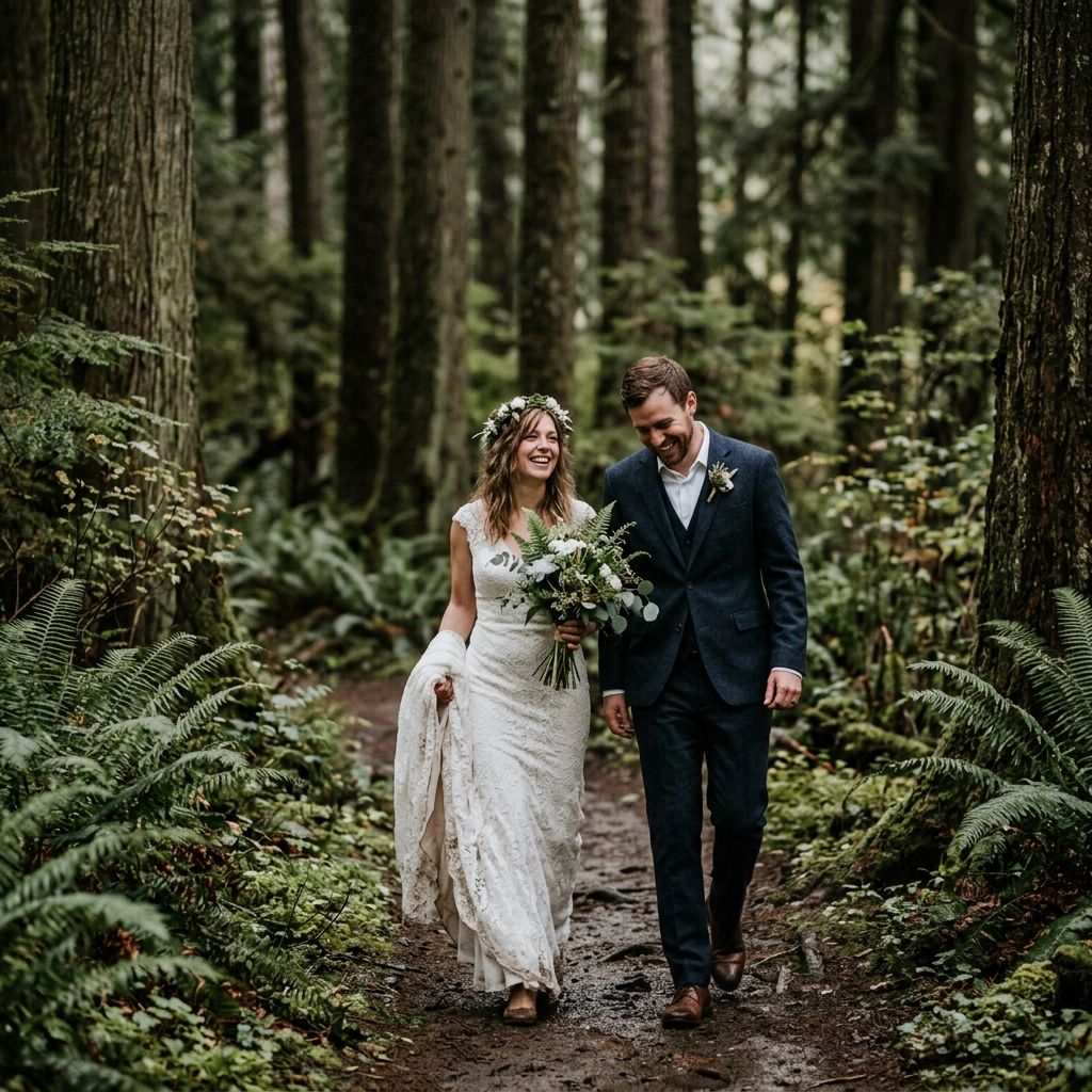 A bride and groom walk hand in hand through a lush green forest on their wedding day.