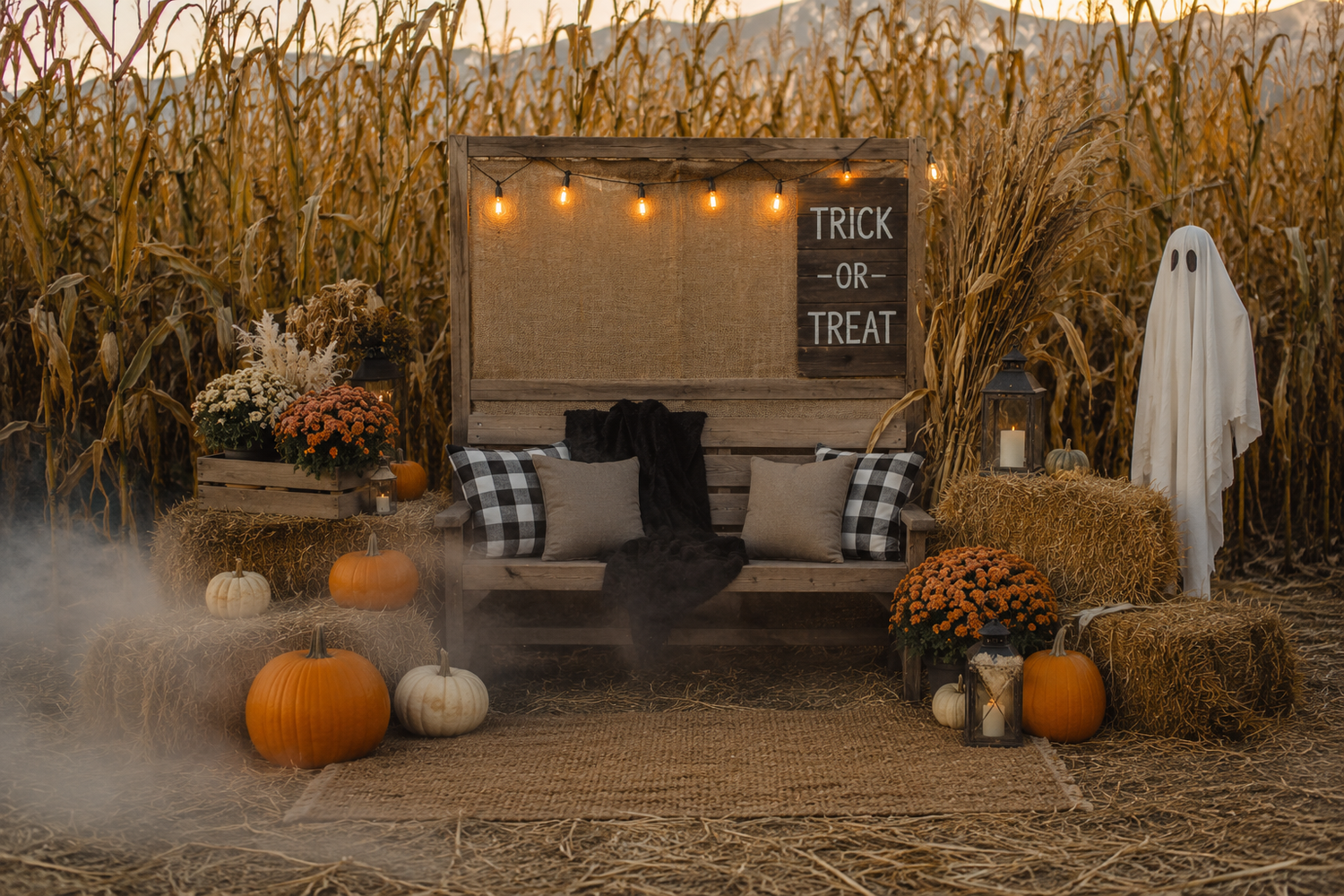 Halloween trick-or-treat display with pumpkins, hay bales, ghost decoration, and string lights in a corn field.