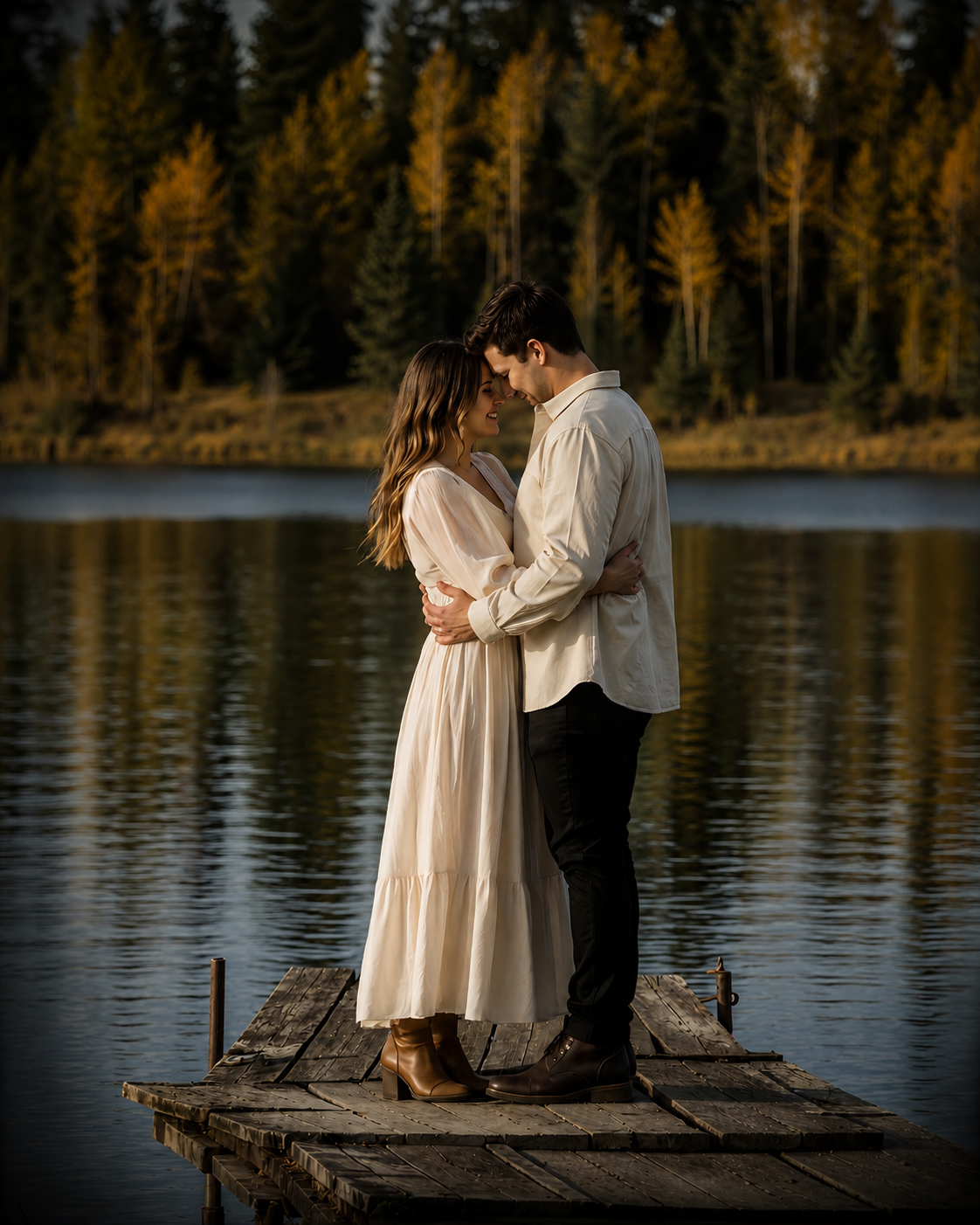 Romantic couple holding each other on a rustic dock with a serene lake and fall foliage backdrop.  Tyson Sawchuk Photography in the Fraser V