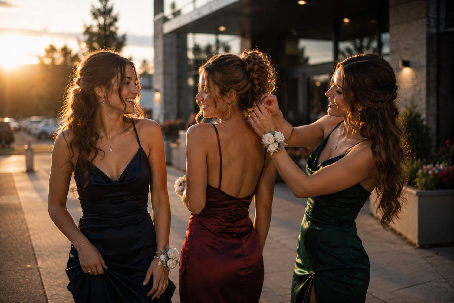 Three young women in elegant formal gowns pose outdoors at golden hour, one adjusting another's hair. Golden hour couples photography in the
