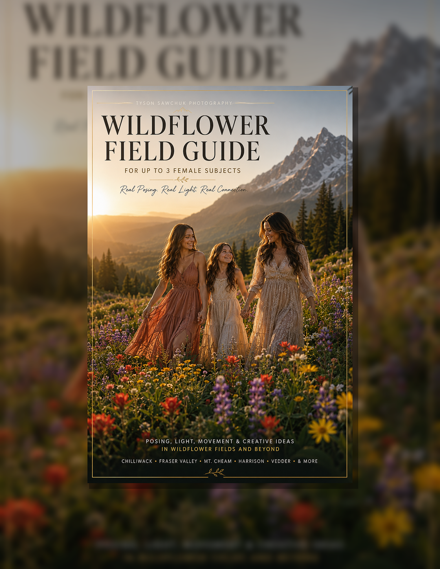 Wildflower Field Guide photography posing book cover featuring three women in a colorful mountain meadow at golden hour.