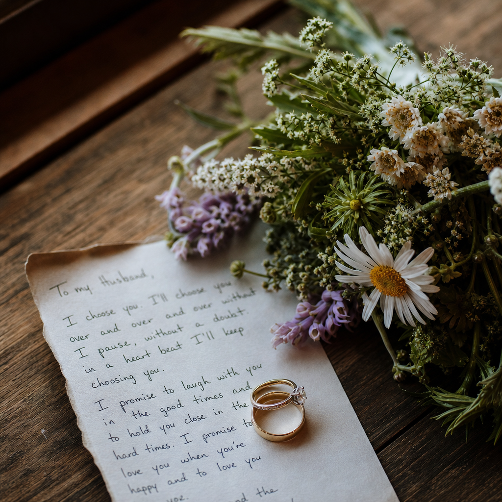 Wedding rings rest beside a handwritten vow letter and wildflower bouquet on a wooden surface.