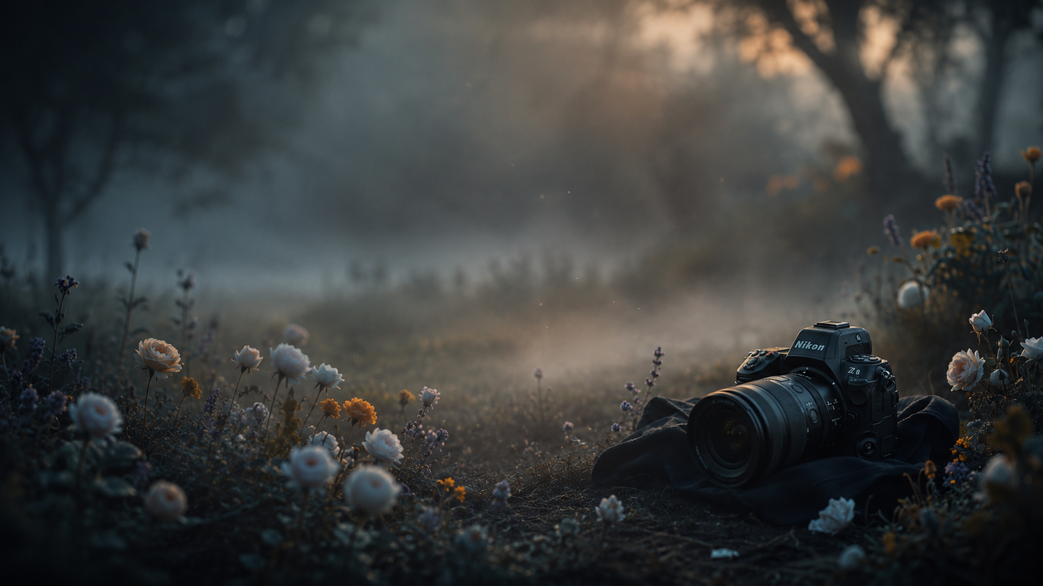 Camera resting in a field of white wildflowers surrounded by misty trees and soft golden light.
