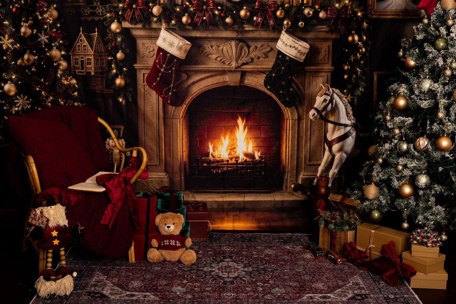 Cozy Christmas scene with a glowing fireplace, stockings, decorated tree, rocking horse, teddy bear, and gifts on a patterned rug.