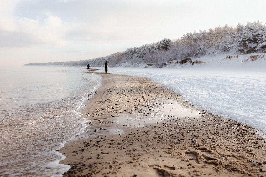 Snowy winter beach with frost-covered trees and lone figure walking along the shoreline on a cold misty day.