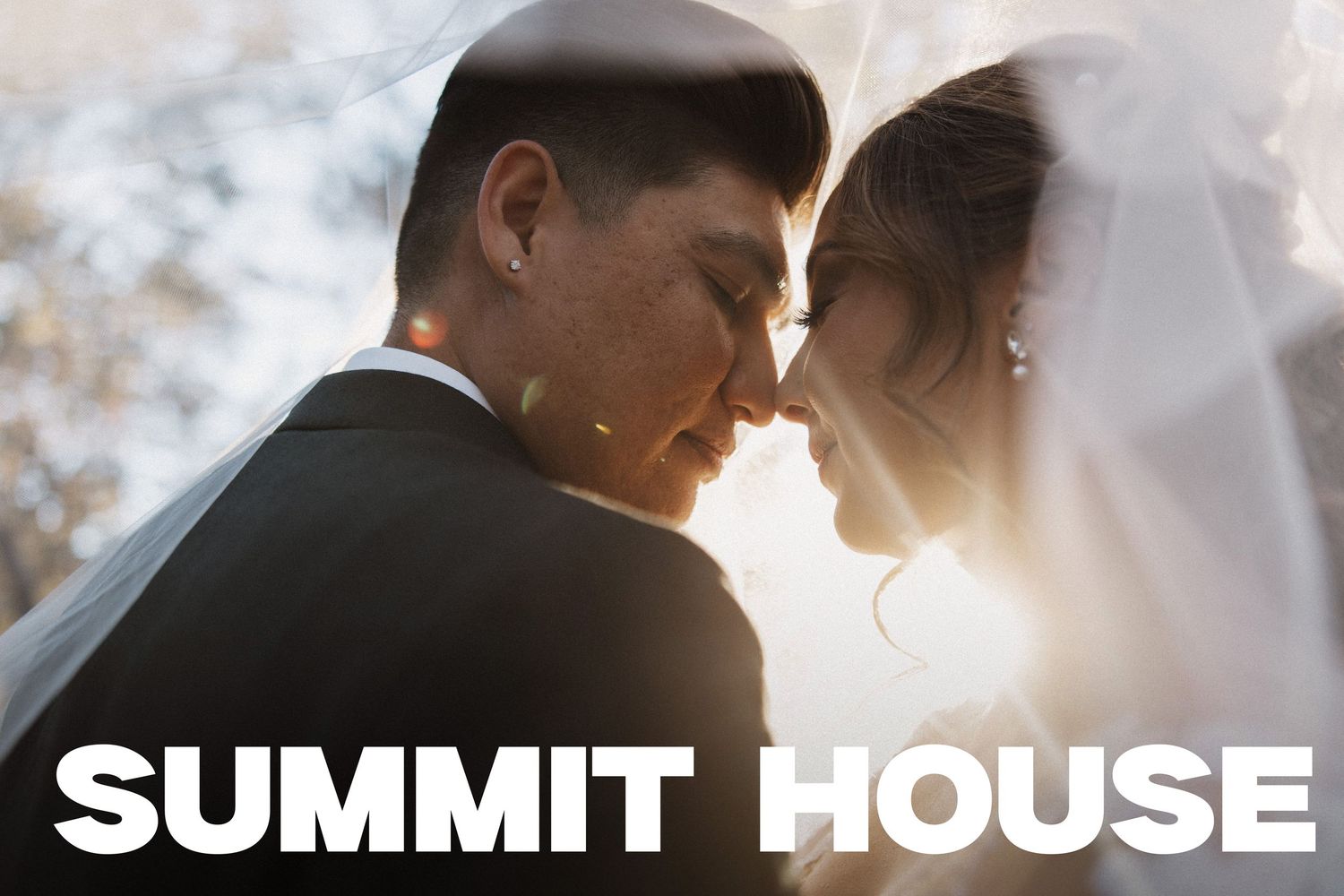 A romantic wedding photo of a couple in close embrace against soft lighting with Summit House text overlay.