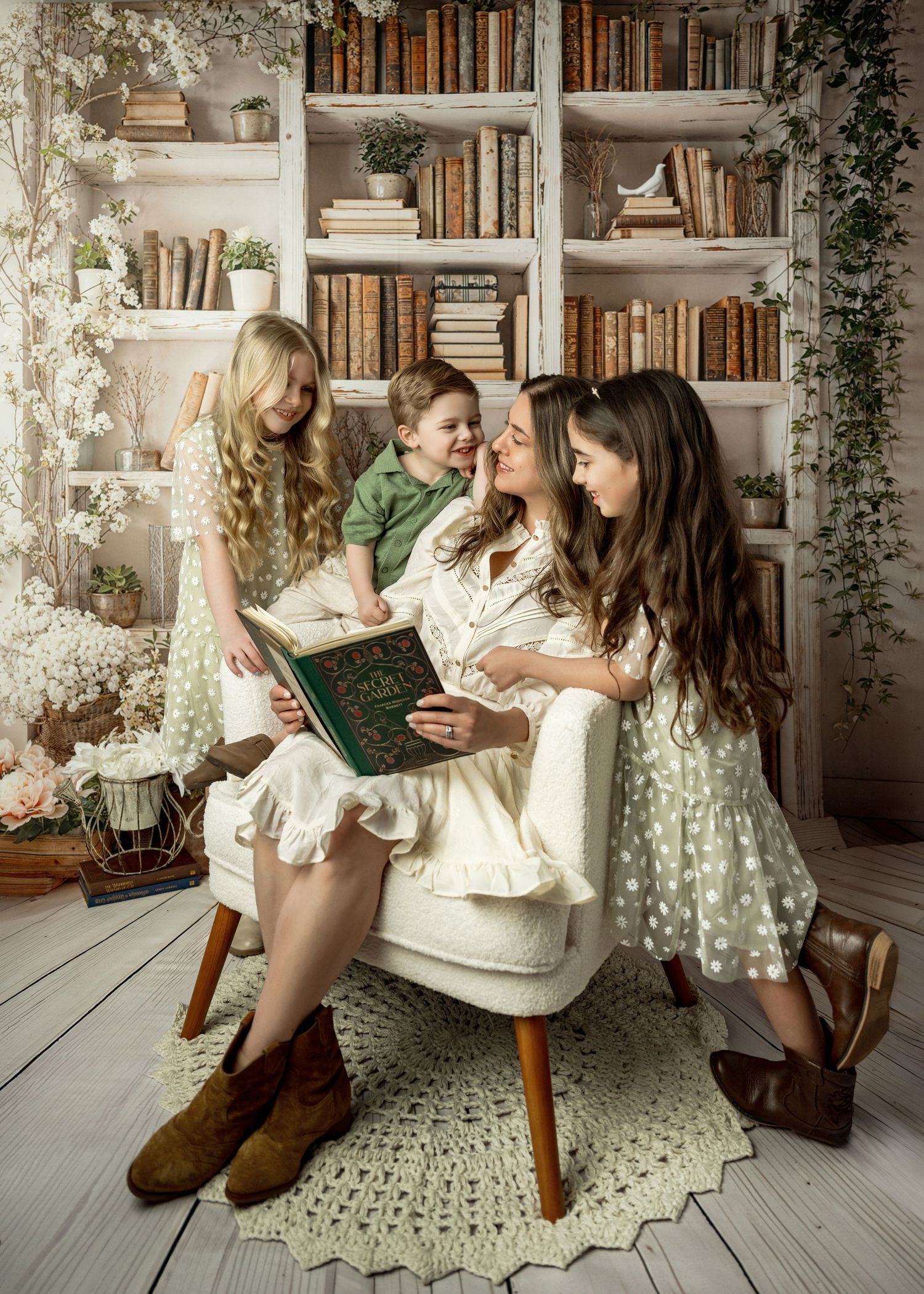 A cozy reading nook with white bookshelves, vintage books, and people gathered in a chair sharing stories together.