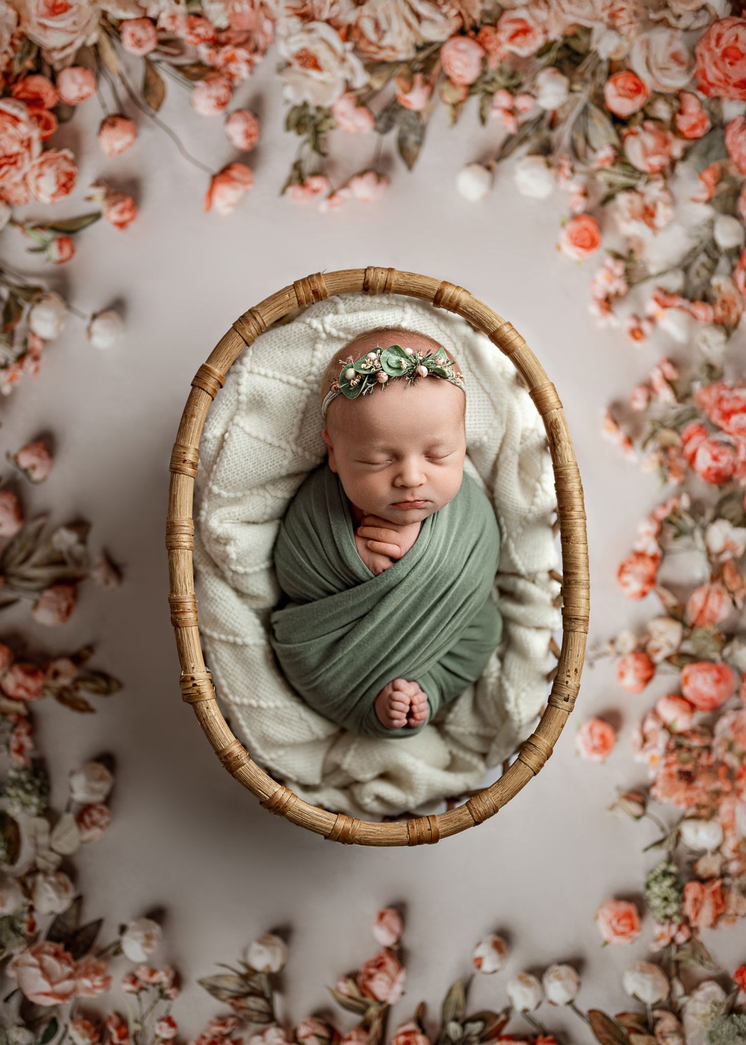 A sleeping newborn wrapped in sage green fabric lies in an oval wicker basket surrounded by coral roses and flowers.