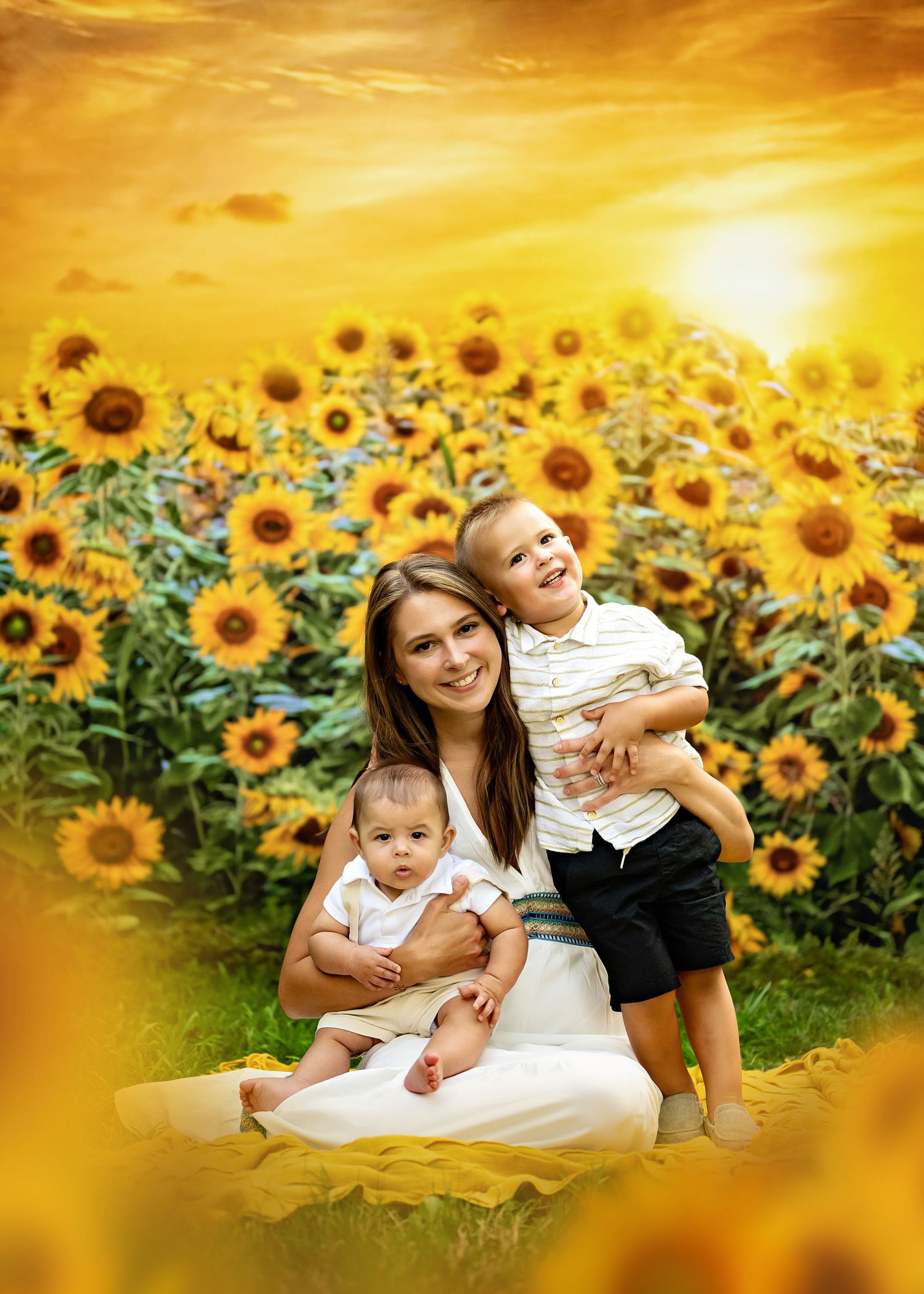 Family enjoys a tender moment together in a vibrant sunflower field during golden sunset.