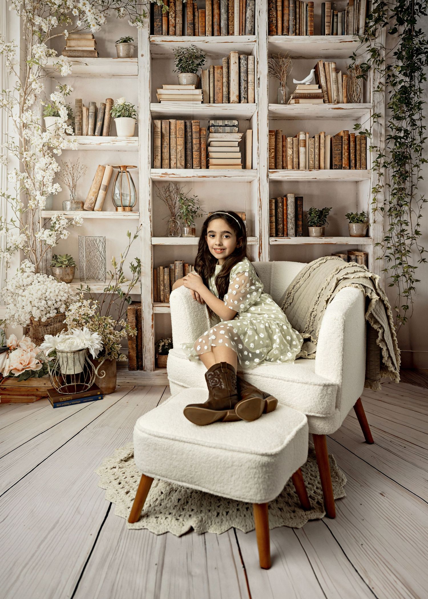Cozy reading nook with white armchair, ottoman and built-in bookshelves decorated with vintage books and climbing vines.
