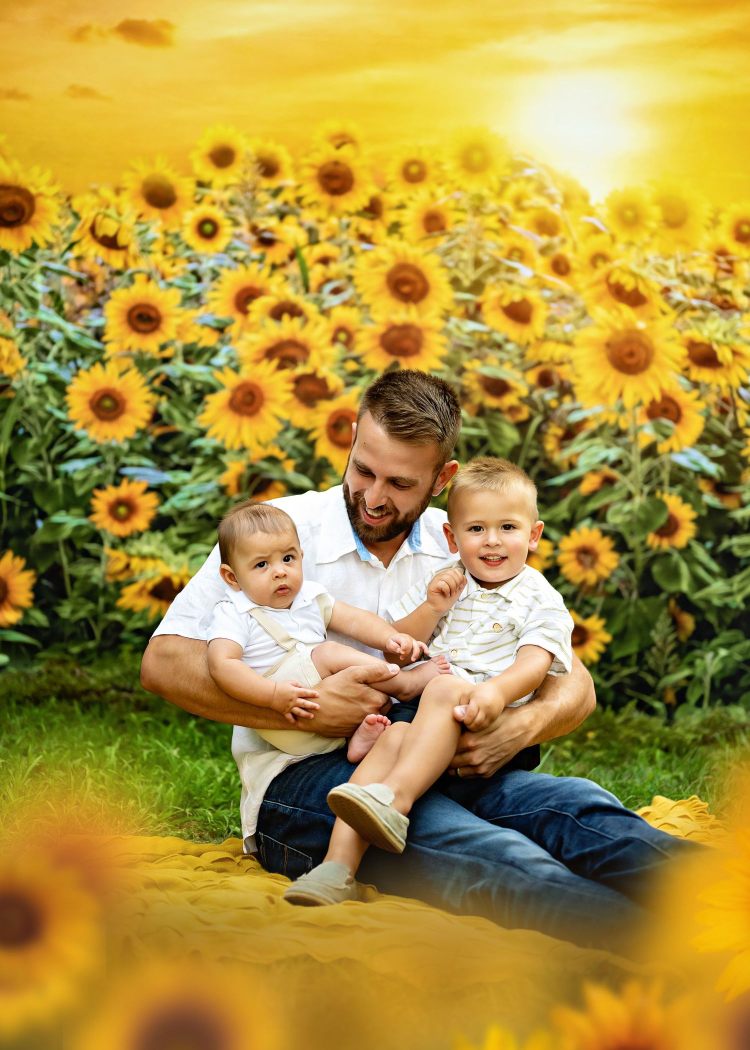 Three people enjoy a warm sunset in a blooming sunflower field during golden hour.