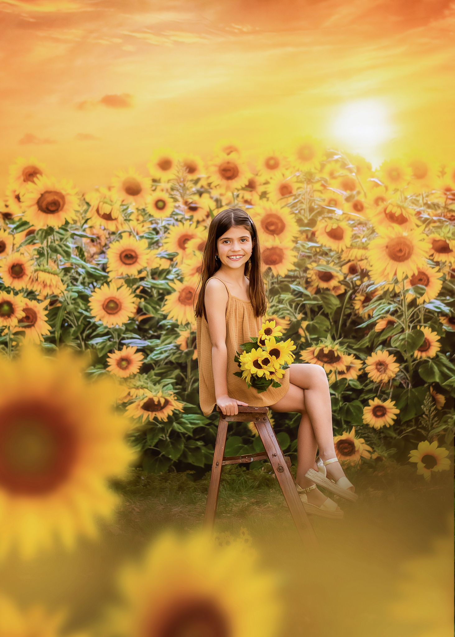 A sunflower field glows golden during sunset as someone sits on a wooden stool holding a bouquet of sunflowers.