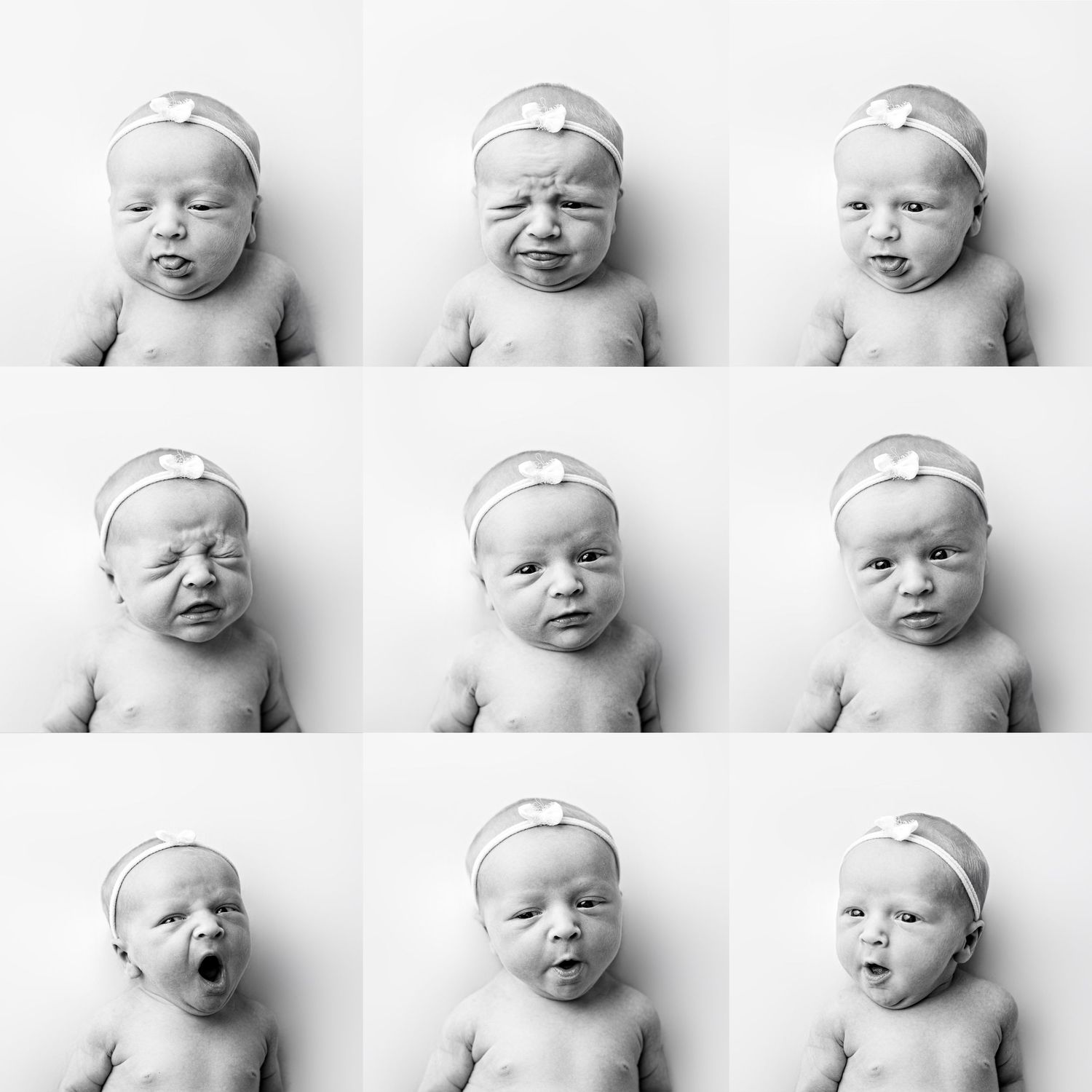 Black and white photo grid showing nine different facial expressions of a baby wearing a white headband.