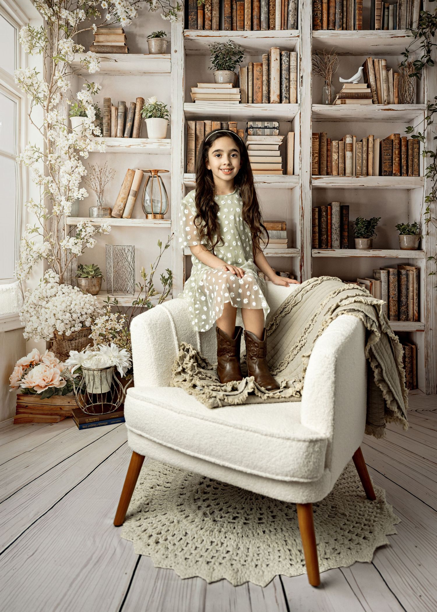 Vintage-style reading nook with white armchair, built-in bookshelves, and delicate floral decorations on whitewashed wooden floor.