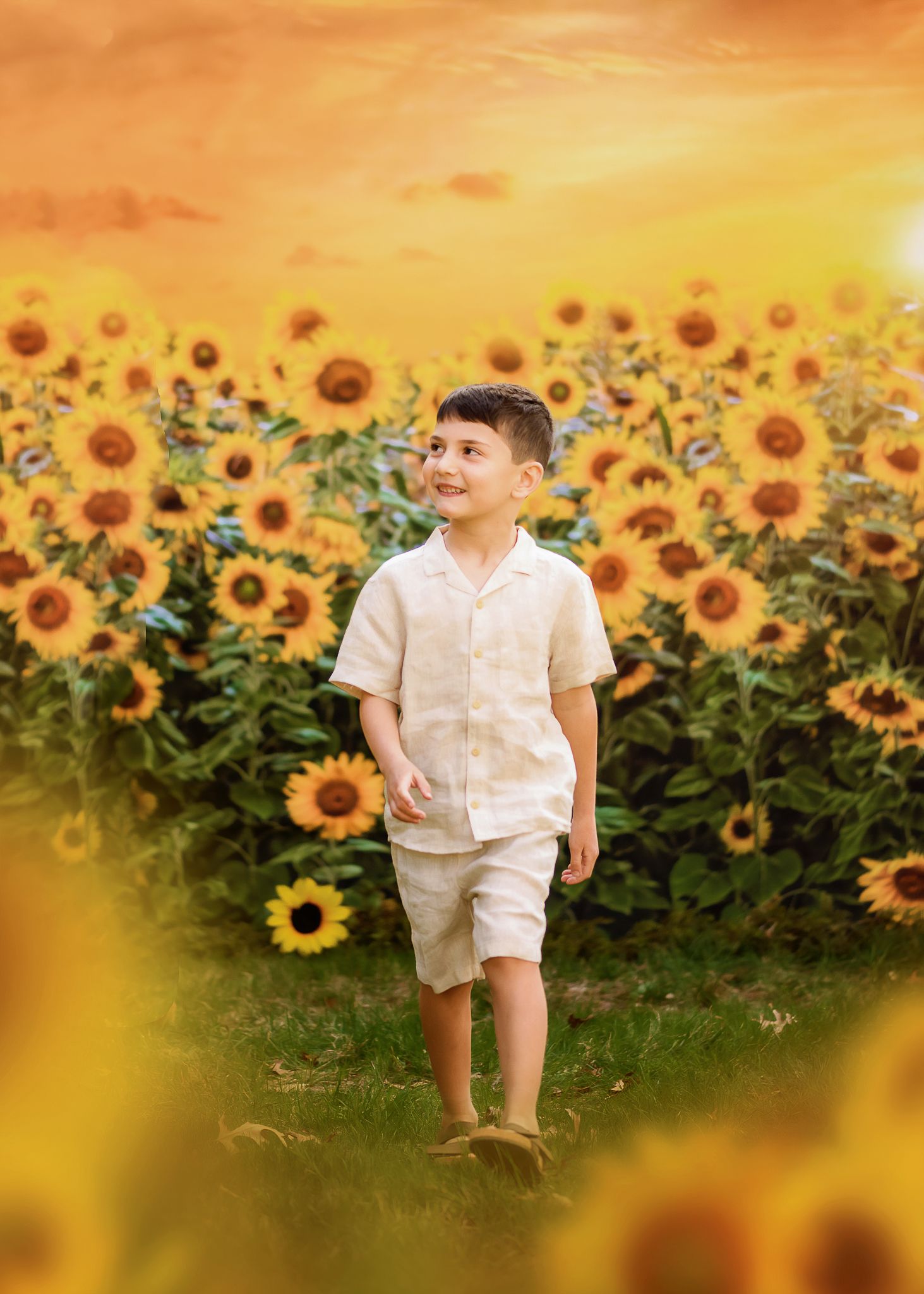 A child stands in a vibrant sunflower field at golden sunset wearing light summer clothing.