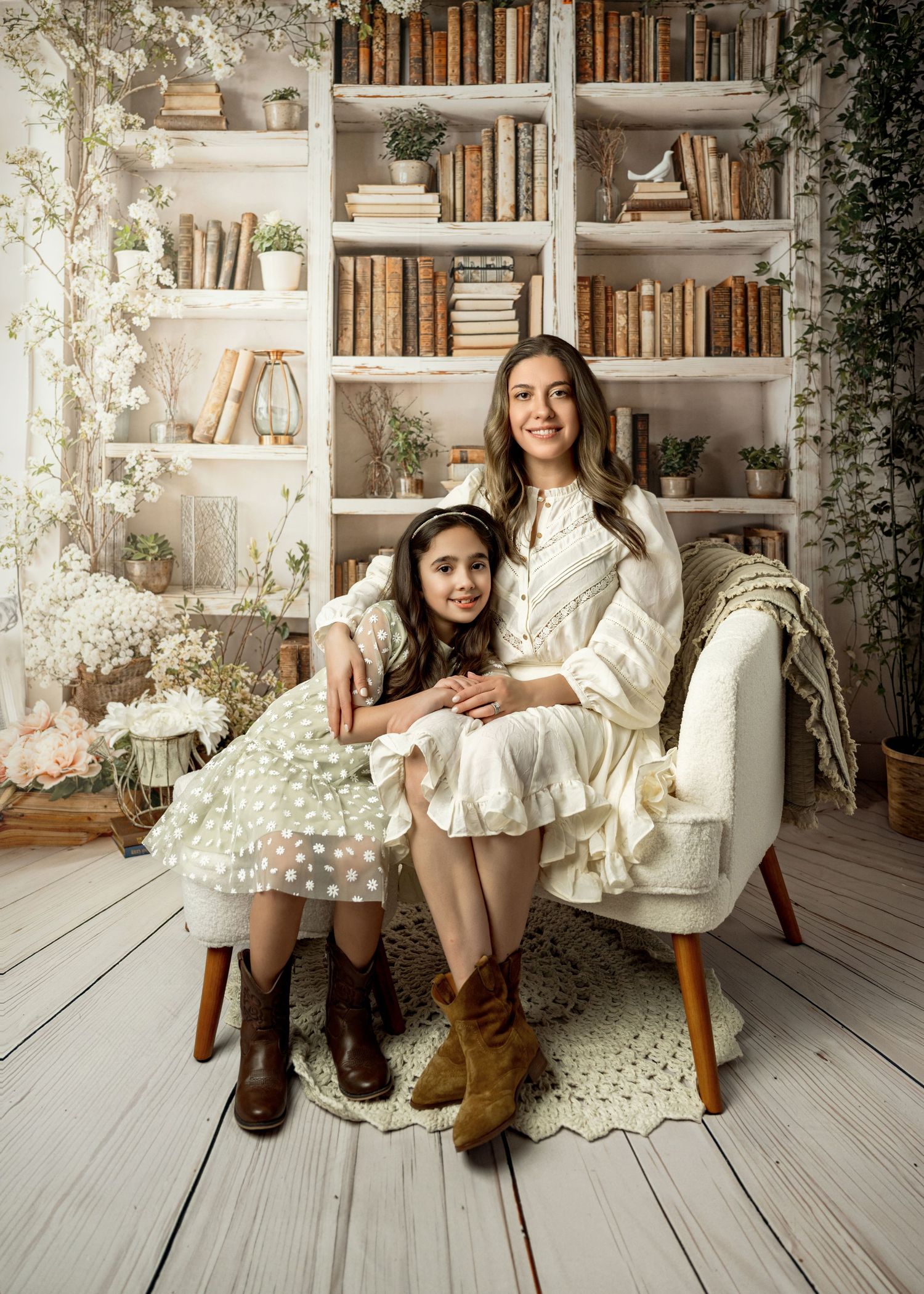 A cozy reading nook with white bookshelves, floral accents, and a plush armchair on whitewashed wooden floors.