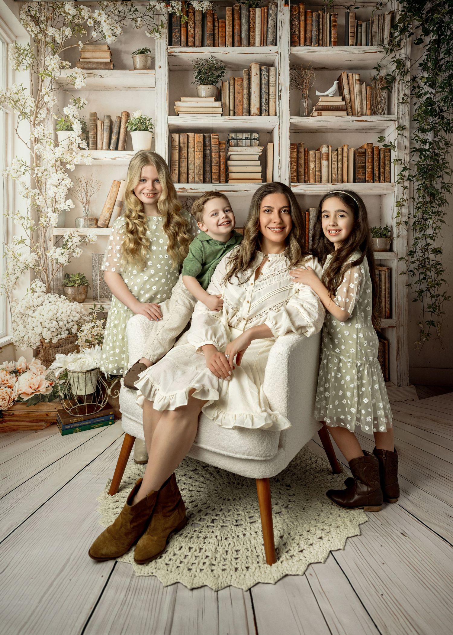 Siblings in coordinating cream and green outfits pose together on white chairs in a cozy library setting with bookshelves.