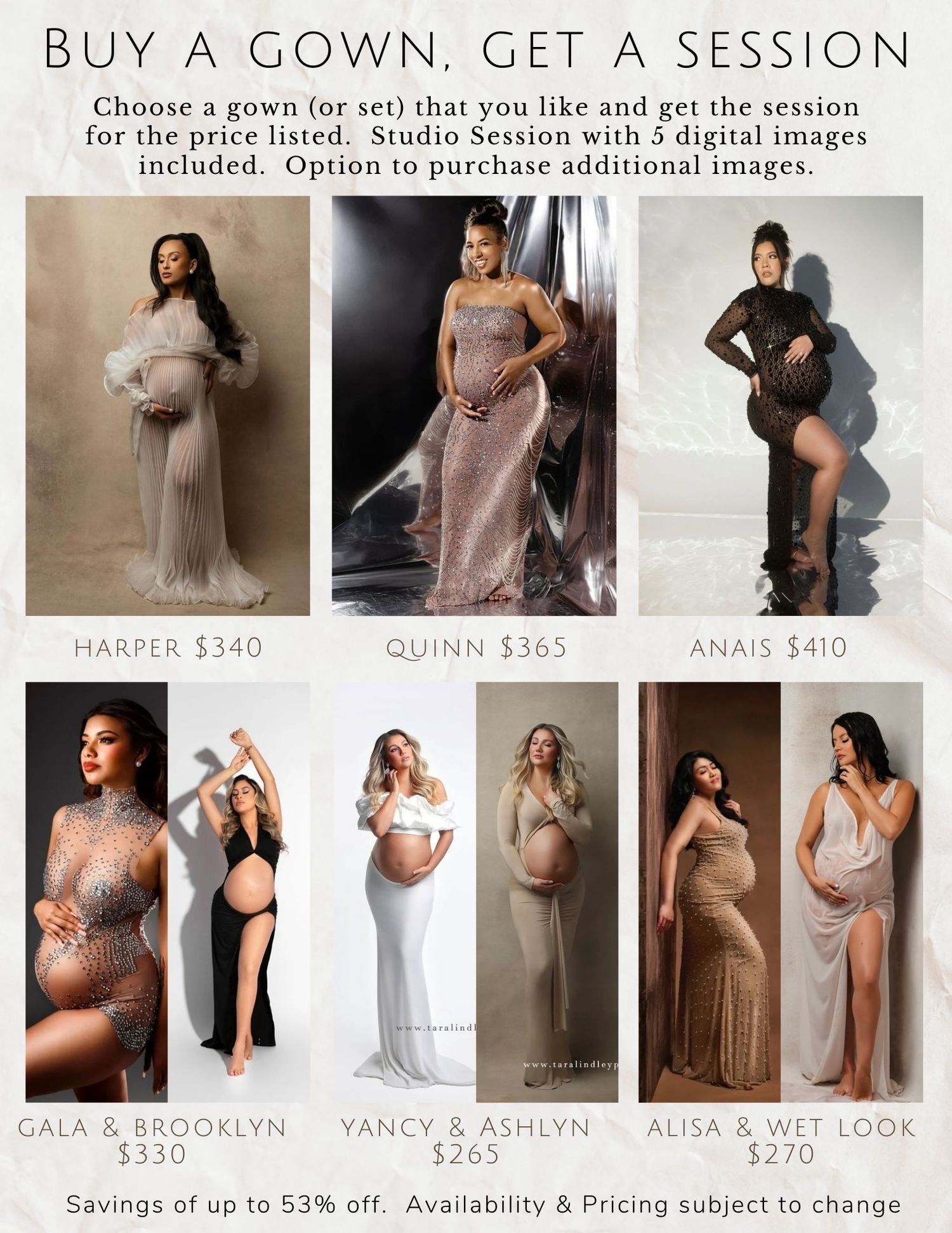 Photography studio advertising maternity gown rentals showcasing eight different elegant dress styles in neutral tones.