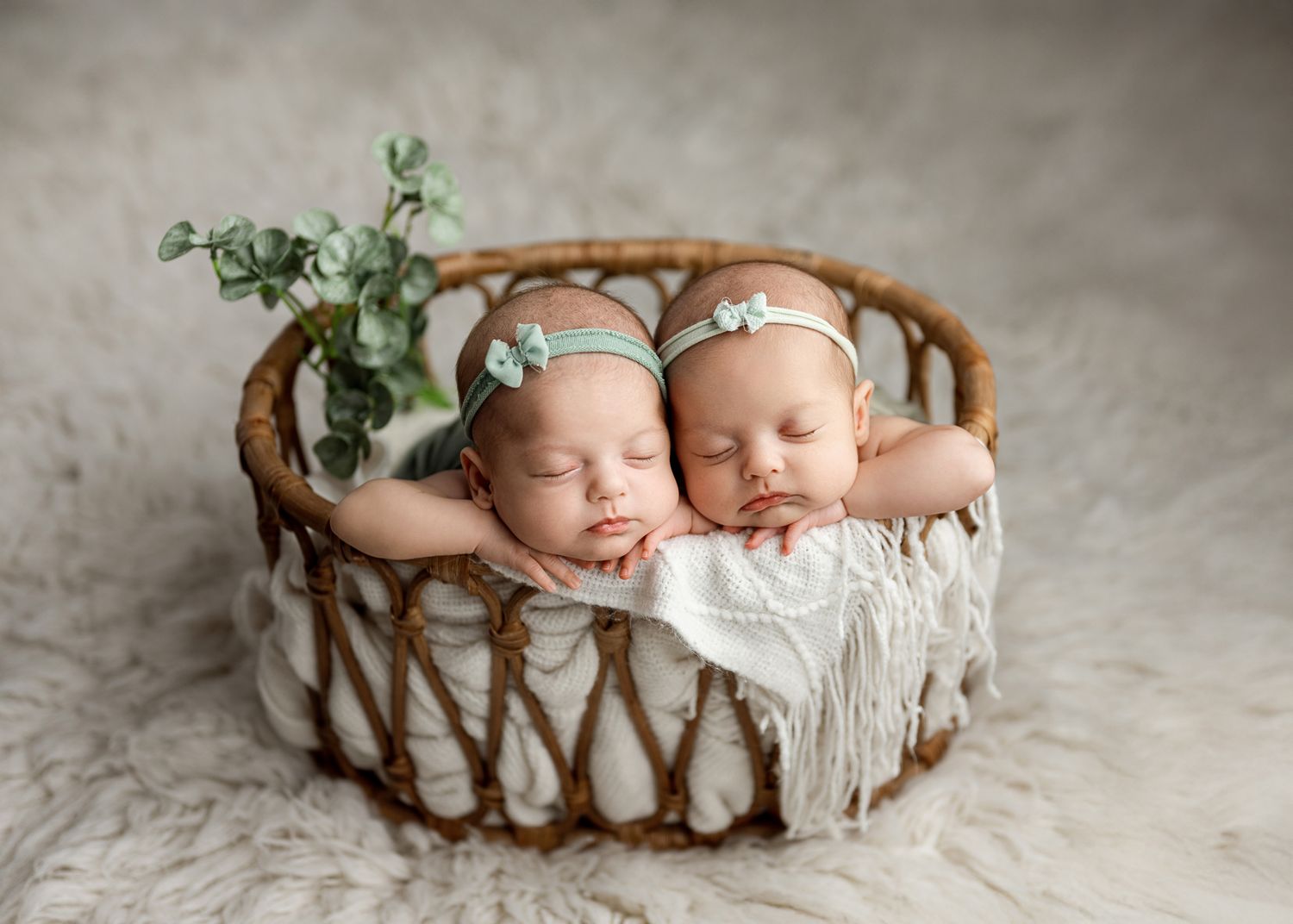 Collection of serene newborn portraits showing baby in white wrap nestled in woven basket with greenery accents.