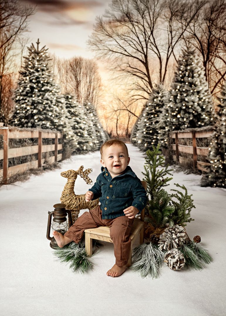 Smiling baby boy sits on wooden bench with reindeer decor amid snowy Christmas trees and fence backdrop.