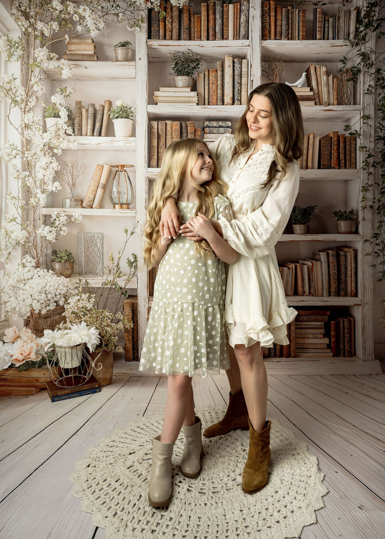 Parent and child in matching floral outfits share tender moments in a cozy library setting with white bookshelves.