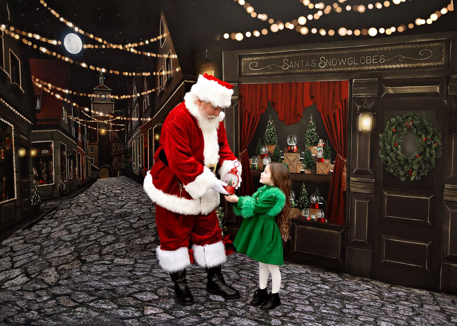 A decorated holiday alleyway with twinkling string lights and storefronts creates a magical Christmas atmosphere.
