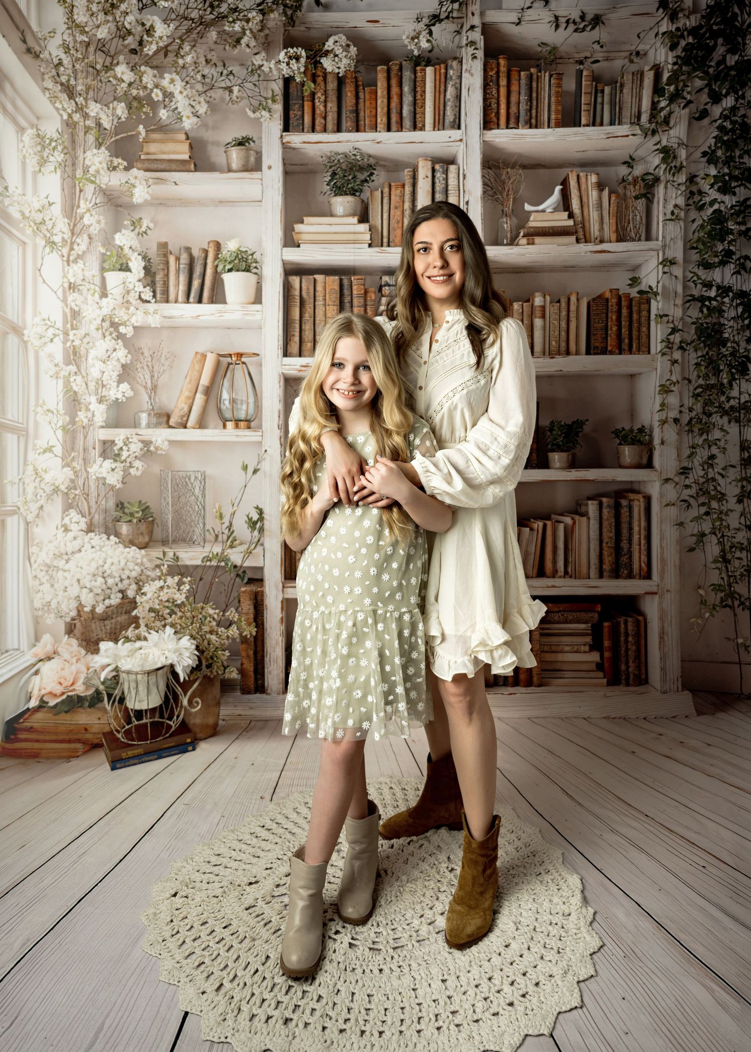A cozy reading nook with white bookshelves, wooden floors, and floral decorations creates a whimsical atmosphere.